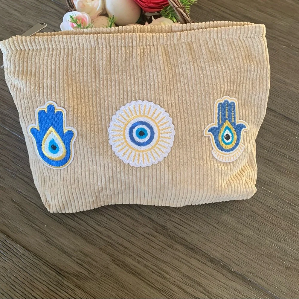 Corduroy Zip Pouch with Eye Patches 2 available specify color grey or off white - Picture 3 of 8